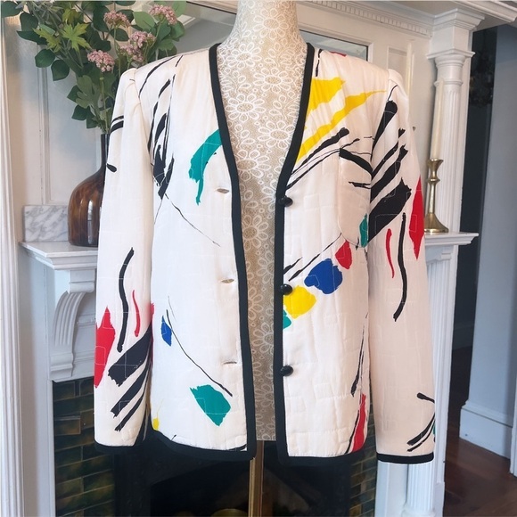 VINTAGE LEVINO VERNA 100% Silk White & Multi Color Abstract Print‎ Jacket Size 4 - Picture 12 of 16